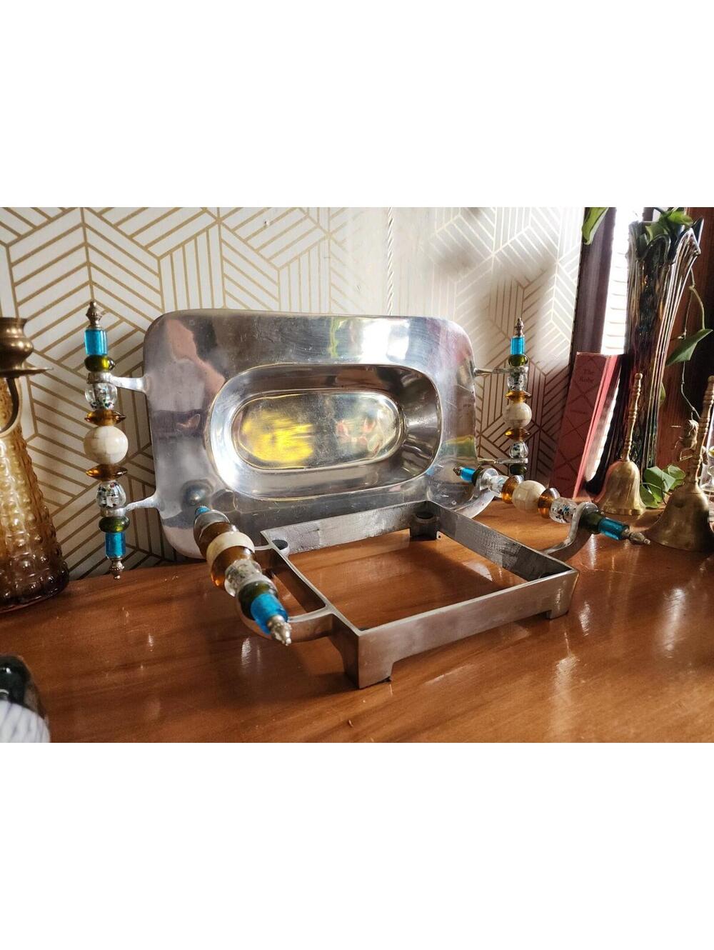 Vintage American Arts & Crafts MidCentury Modern Metal & Glass Beaded Trays